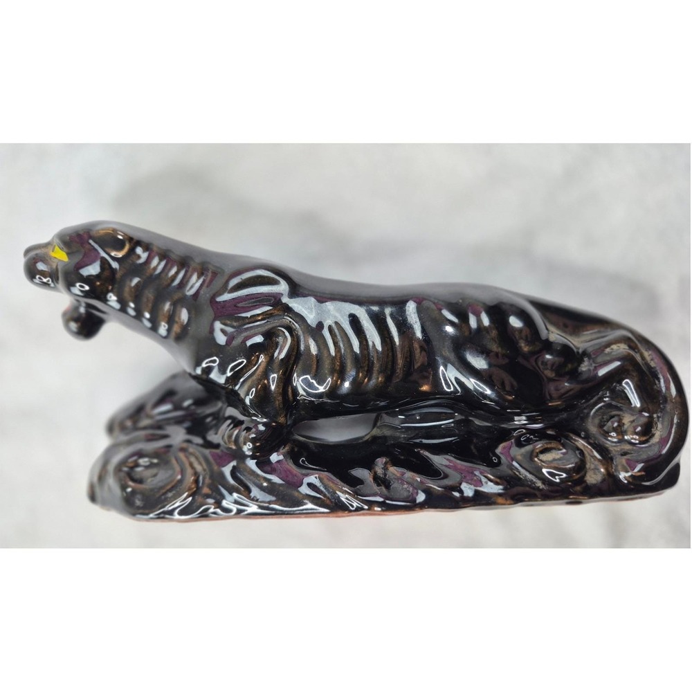 Black Ceramic Crouching Panther Figurine – Small MCM Style – Excellent